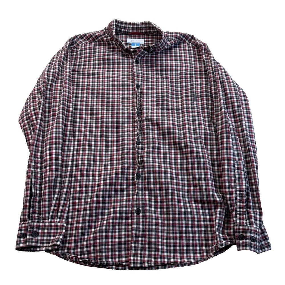 Columbia Button Down Shirt Men's Large Red Black Plaid Long Sleeve Cotton